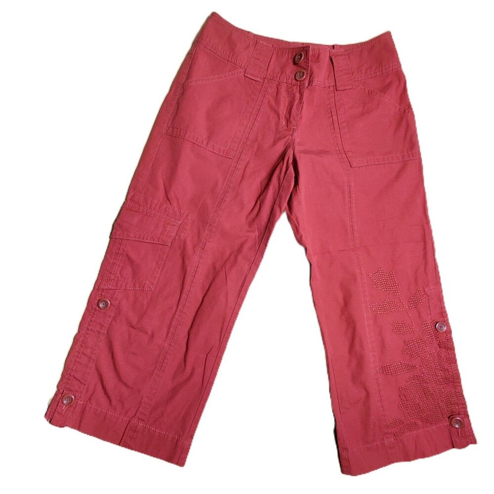 CAbi Womens Size 6 Red Cargo Capri Pants 100% Cotton Cropped Pockets